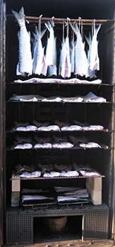 Wet fish are drying until they feel dry or at least tacky to touch. No smoke is applied yet.
