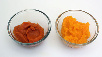 commercially canned pumpkin puree-left, homemade puree-right