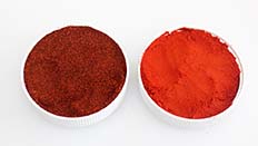Photo of Hungarian paprika and Pimentó de la Vera. Pimentón has its characteristic vivid red color, it is also milled on stone grinders to a fine powder.